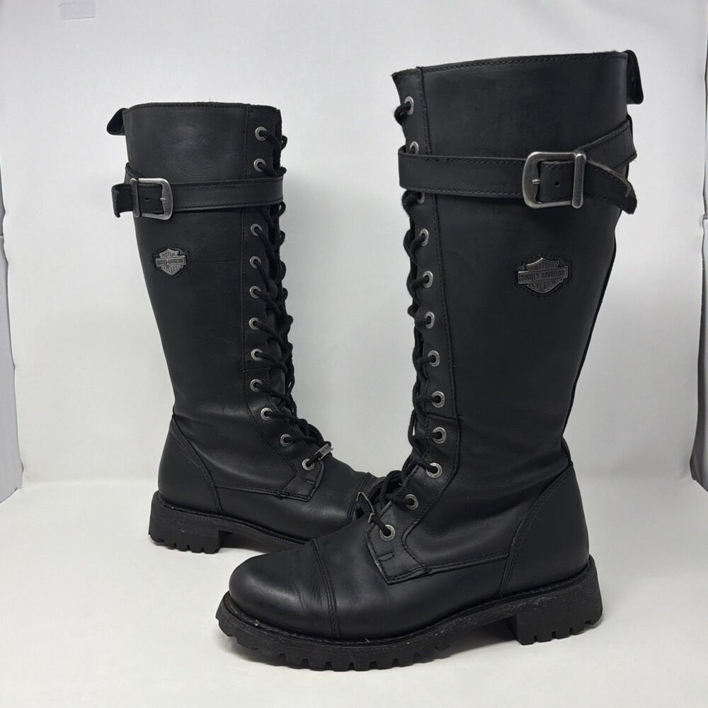 Harley-Davidson D81489 Tall Lace Up Leather Motorcycle Boots Women 9.5 Black